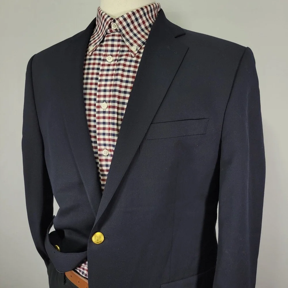 Chaps Men's Sport‎ Coat Blazer Two Golden Button Deep Navy Blue Twill Wool 42R